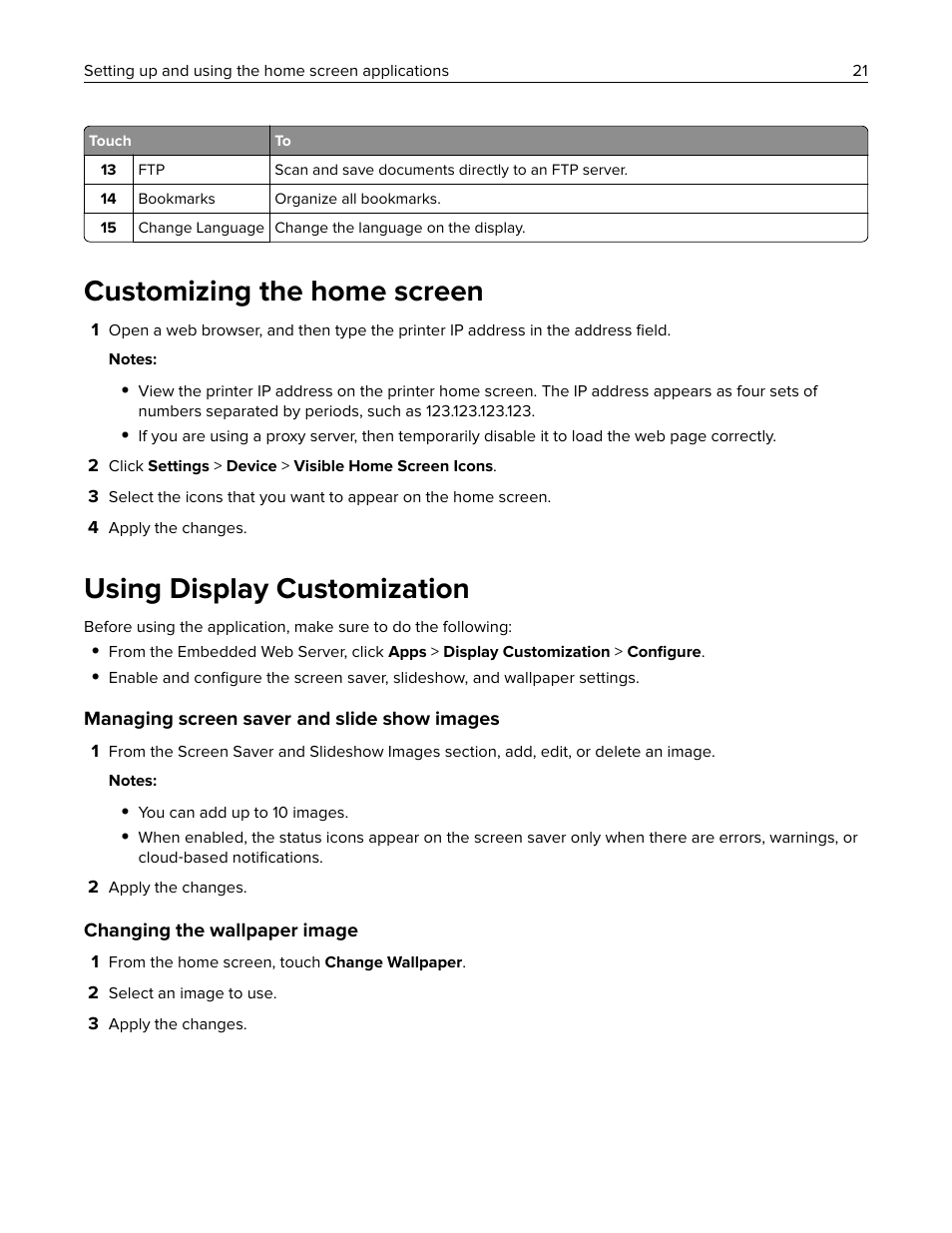 Customizing the home screen, Using display customization | Lexmark CX622ade Color Laser Printer User Manual | Page 21 / 270