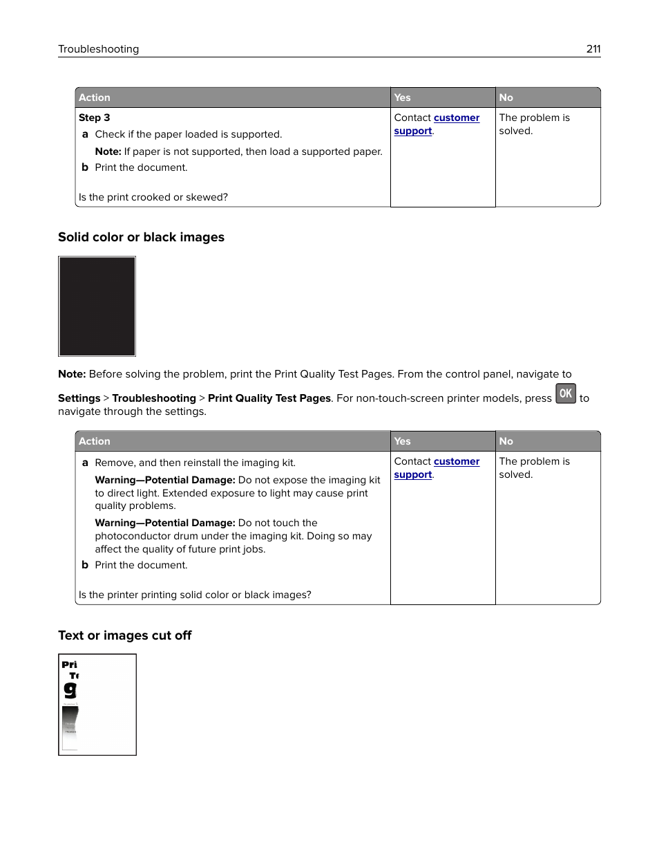 Solid color or black images, Text or images cut off | Lexmark CX622ade Color Laser Printer User Manual | Page 211 / 270