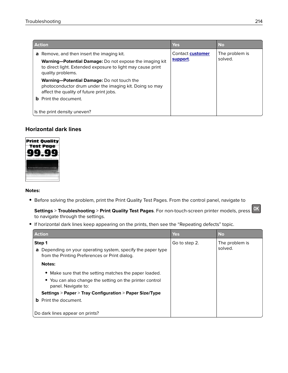 Horizontal dark lines | Lexmark CX622ade Color Laser Printer User Manual | Page 214 / 270