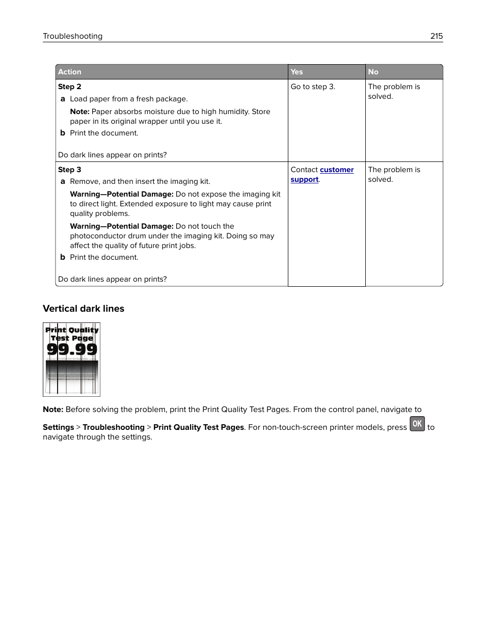 Vertical dark lines | Lexmark CX622ade Color Laser Printer User Manual | Page 215 / 270