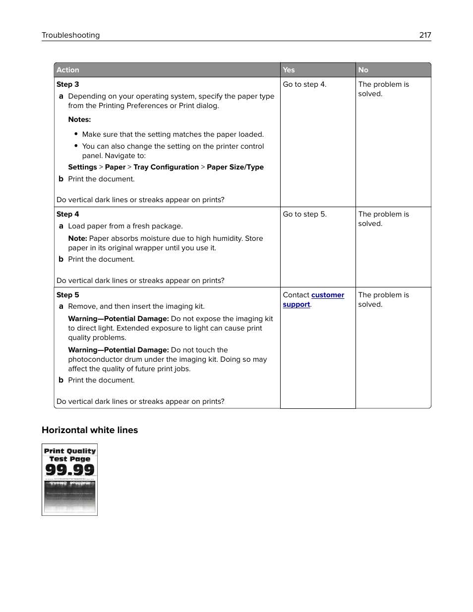 Horizontal white lines | Lexmark CX622ade Color Laser Printer User Manual | Page 217 / 270