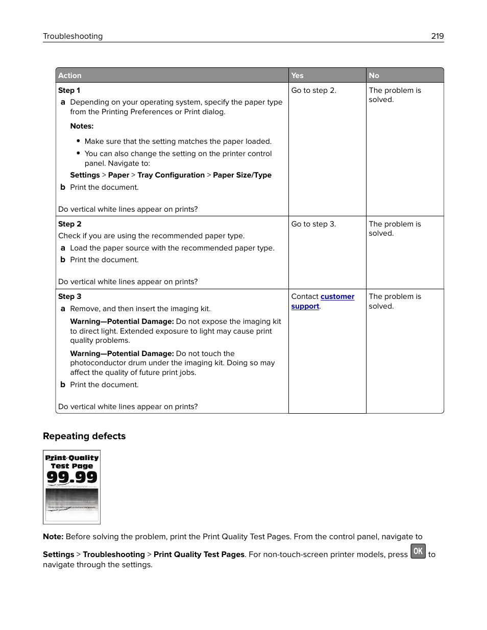 Repeating defects | Lexmark CX622ade Color Laser Printer User Manual | Page 219 / 270