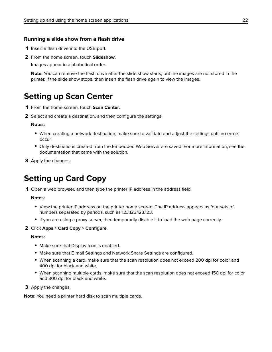 Setting up scan center, Setting up card copy | Lexmark CX622ade Color Laser Printer User Manual | Page 22 / 270