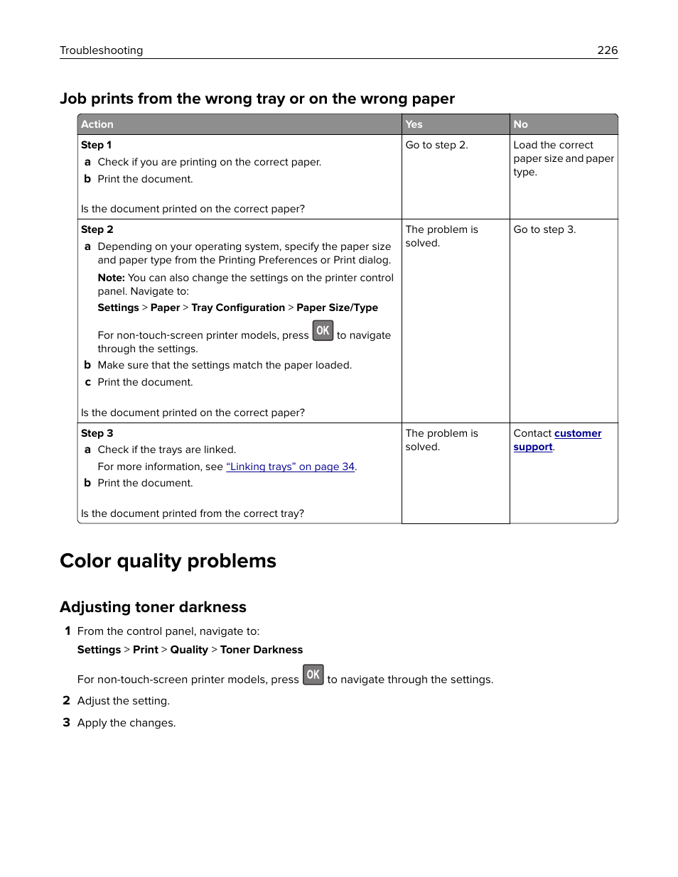 Color quality problems, Adjusting toner darkness | Lexmark CX622ade Color Laser Printer User Manual | Page 226 / 270