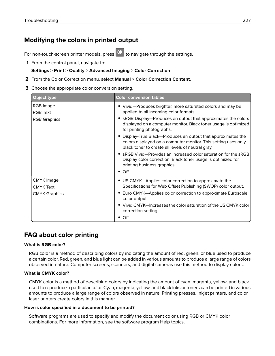 Modifying the colors in printed output, Faq about color printing | Lexmark CX622ade Color Laser Printer User Manual | Page 227 / 270