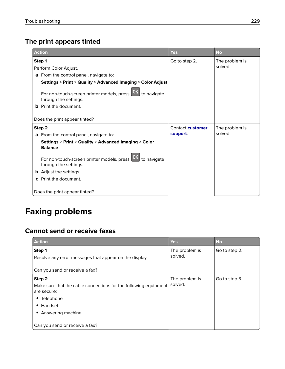 The print appears tinted, Faxing problems, Cannot send or receive faxes | Lexmark CX622ade Color Laser Printer User Manual | Page 229 / 270