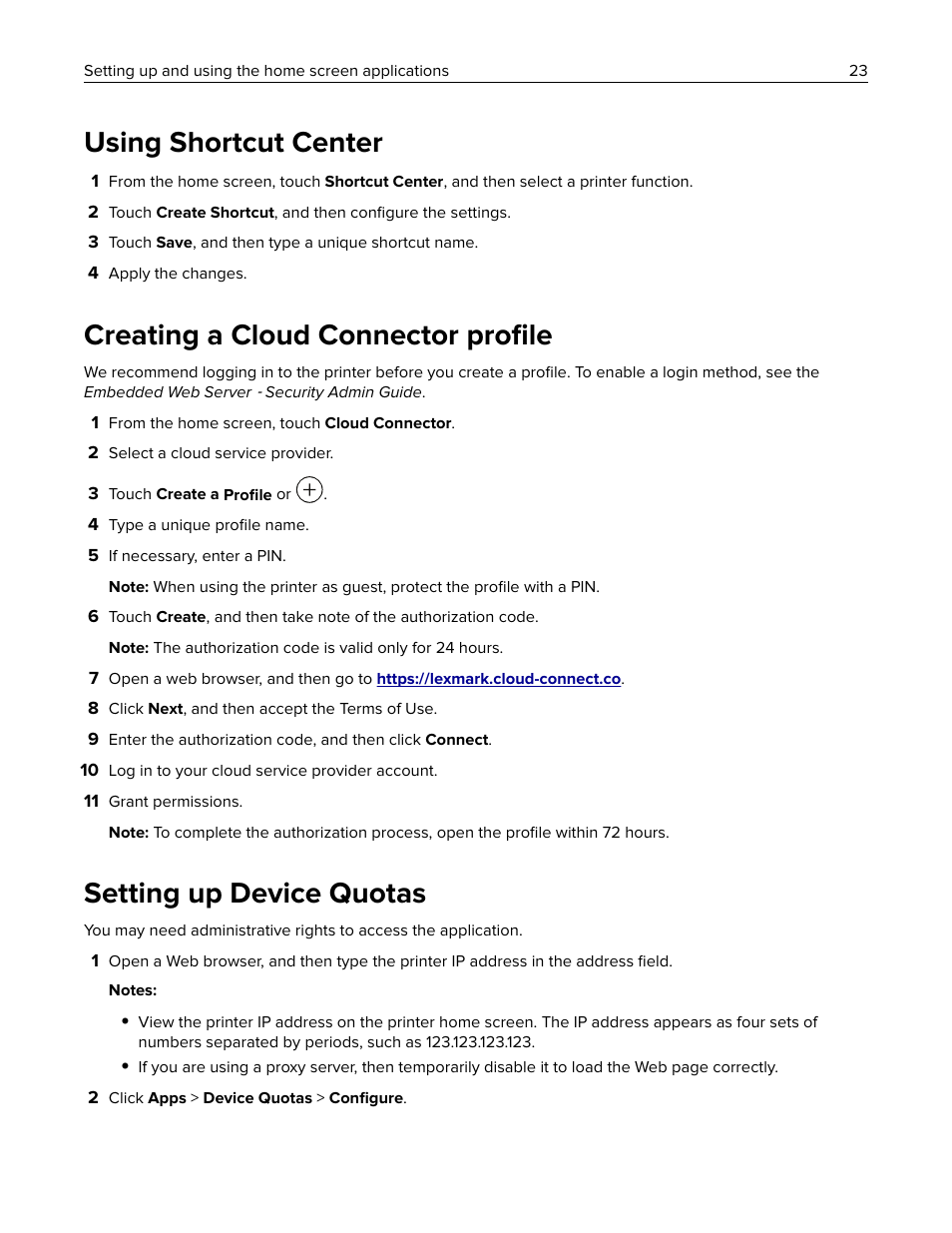 Using shortcut center, Creating a cloud connector profile, Setting up device quotas | Creating a cloud connector proﬁle | Lexmark CX622ade Color Laser Printer User Manual | Page 23 / 270