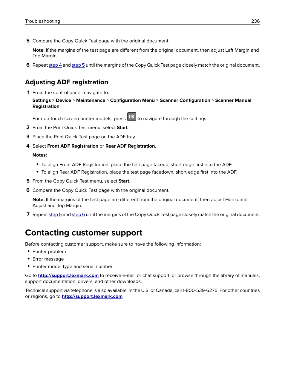 Adjusting adf registration, Contacting customer support, Customer | Support | Lexmark CX622ade Color Laser Printer User Manual | Page 236 / 270