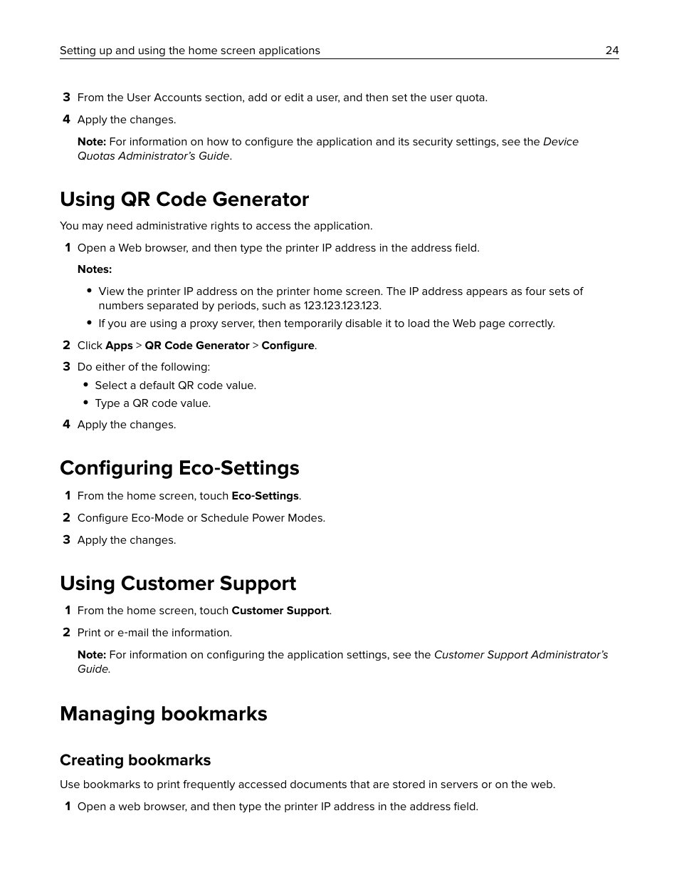 Using qr code generator, Configuring eco-settings, Using customer support | Managing bookmarks, Creating bookmarks, Conﬁguring eco, Settings, Conﬁguring eco ‑ settings | Lexmark CX622ade Color Laser Printer User Manual | Page 24 / 270