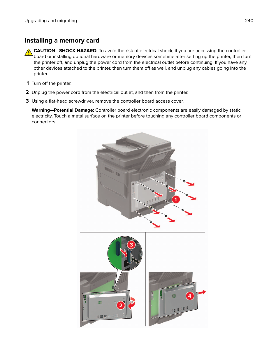 Installing a memory card | Lexmark CX622ade Color Laser Printer User Manual | Page 240 / 270