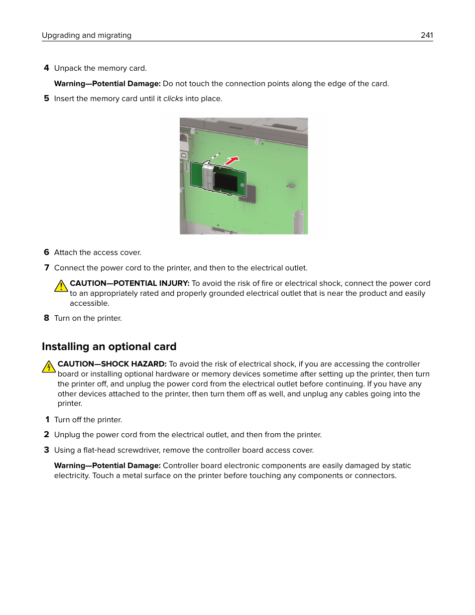 Installing an optional card | Lexmark CX622ade Color Laser Printer User Manual | Page 241 / 270