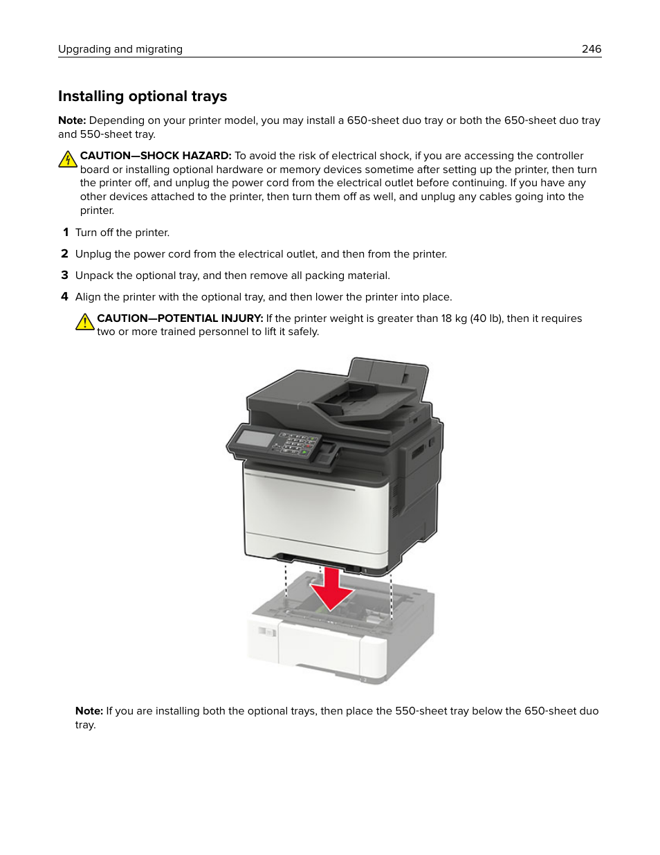 Installing optional trays | Lexmark CX622ade Color Laser Printer User Manual | Page 246 / 270