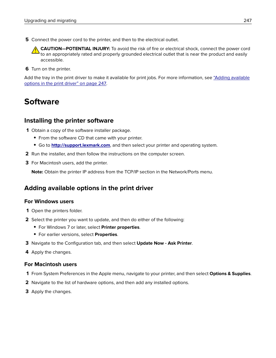 Software, Installing the printer software, Adding available options in the print driver | Lexmark CX622ade Color Laser Printer User Manual | Page 247 / 270