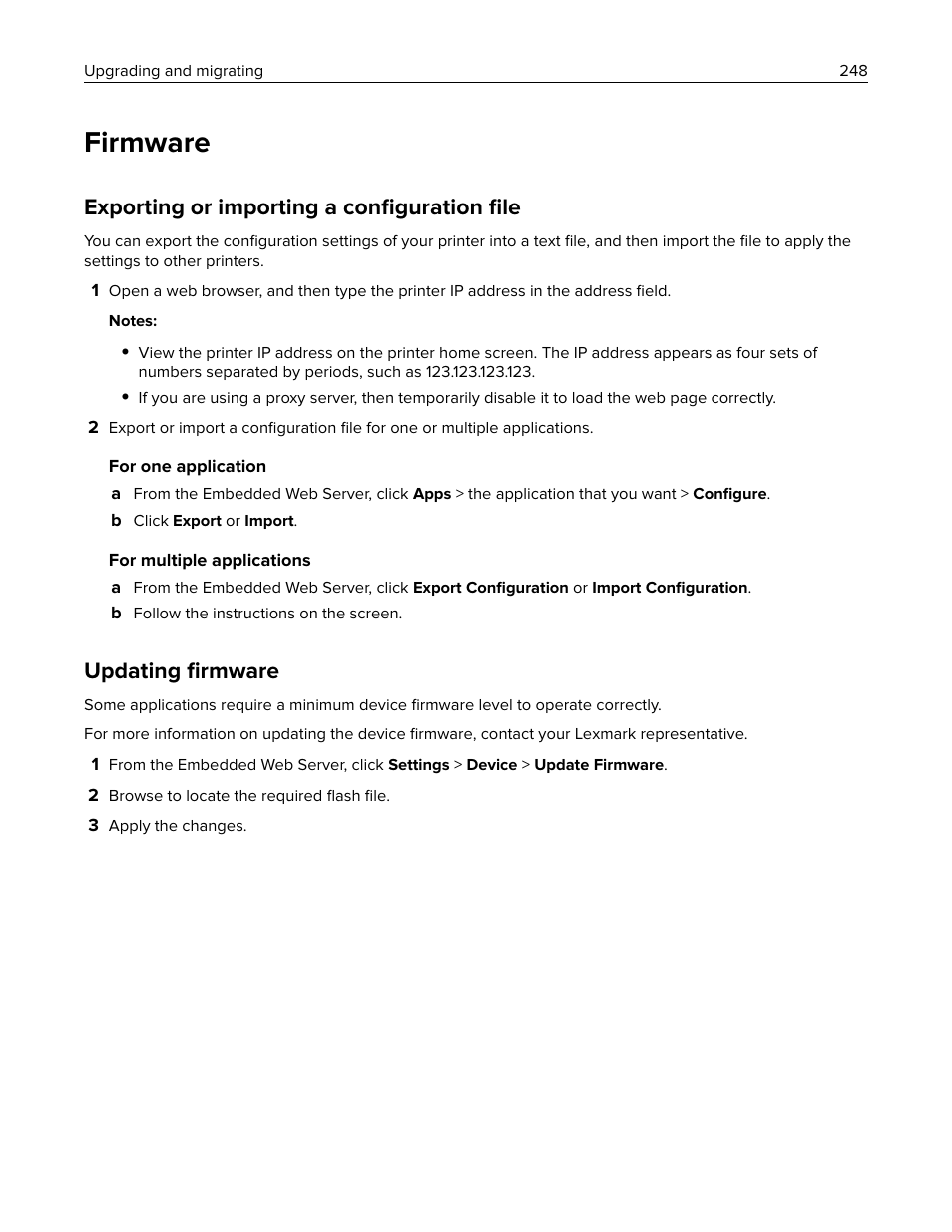 Firmware, Exporting or importing a configuration file, Updating firmware | Exporting or importing a conﬁguration ﬁle, Updating ﬁrmware | Lexmark CX622ade Color Laser Printer User Manual | Page 248 / 270
