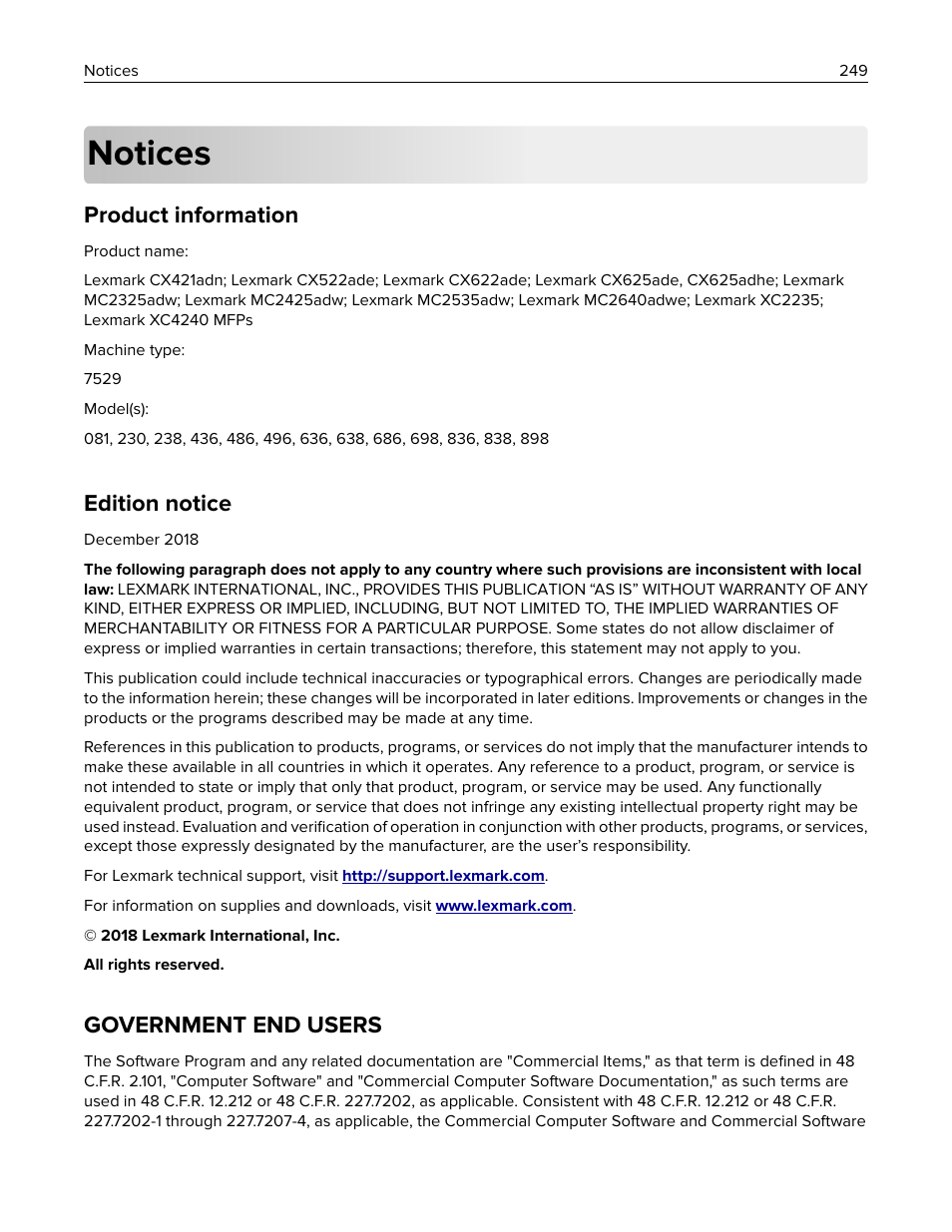 Notices, Product information, Edition notice | Government end users | Lexmark CX622ade Color Laser Printer User Manual | Page 249 / 270