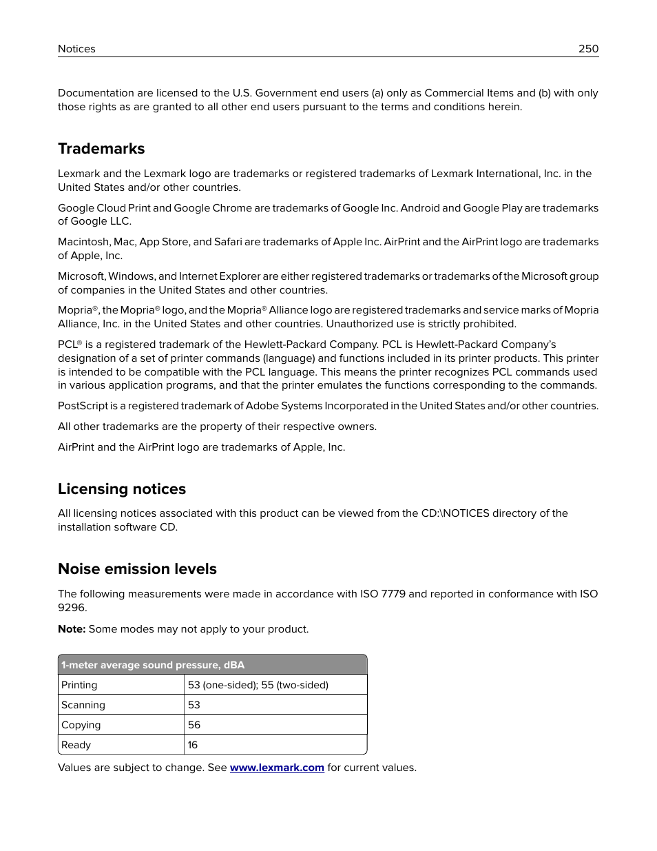 Trademarks, Licensing notices, Noise emission levels | Lexmark CX622ade Color Laser Printer User Manual | Page 250 / 270