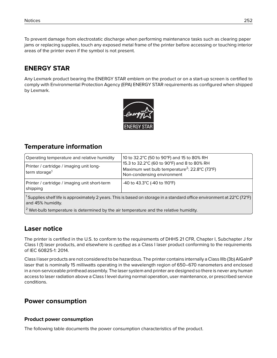 Energy star, Temperature information, Laser notice | Power consumption, Product power consumption | Lexmark CX622ade Color Laser Printer User Manual | Page 252 / 270