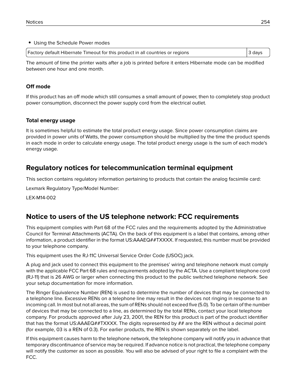 Off mode, Total energy usage | Lexmark CX622ade Color Laser Printer User Manual | Page 254 / 270