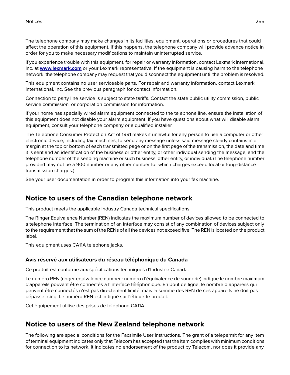 Notice to users of the canadian telephone network | Lexmark CX622ade Color Laser Printer User Manual | Page 255 / 270