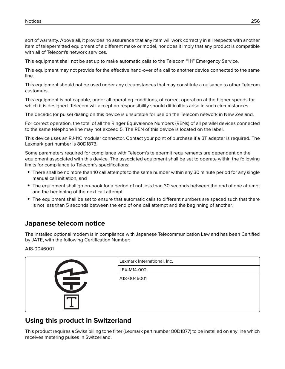 Japanese telecom notice, Using this product in switzerland | Lexmark CX622ade Color Laser Printer User Manual | Page 256 / 270