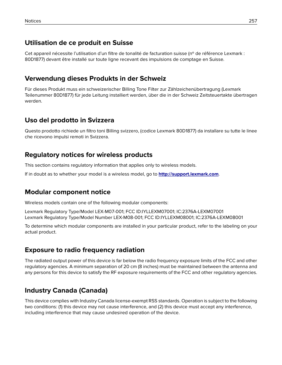 Regulatory notices for wireless products, Modular component notice, Exposure to radio frequency radiation | Industry canada (canada), Utilisation de ce produit en suisse, Verwendung dieses produkts in der schweiz, Uso del prodotto in svizzera | Lexmark CX622ade Color Laser Printer User Manual | Page 257 / 270