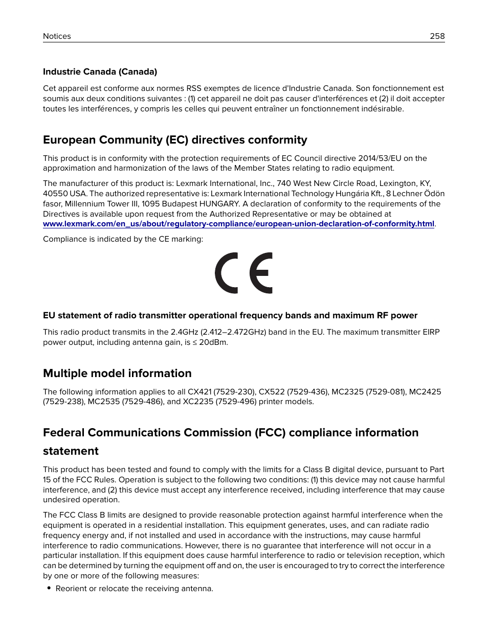 European community (ec) directives conformity, Multiple model information | Lexmark CX622ade Color Laser Printer User Manual | Page 258 / 270