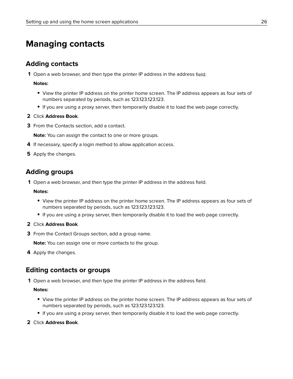 Managing contacts, Adding contacts, Adding groups | Editing contacts or groups | Lexmark CX622ade Color Laser Printer User Manual | Page 26 / 270