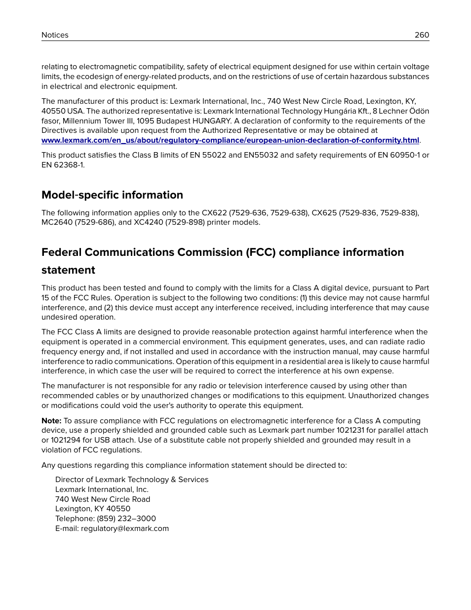 Model-specific information, Model ‑ speciﬁc information | Lexmark CX622ade Color Laser Printer User Manual | Page 260 / 270