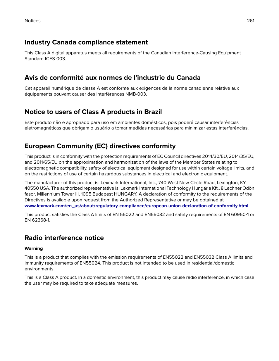Notice to users of class a products in brazil, European community (ec) directives conformity, Radio interference notice | Industry canada compliance statement | Lexmark CX622ade Color Laser Printer User Manual | Page 261 / 270