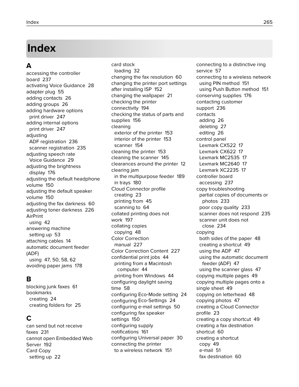 Index | Lexmark CX622ade Color Laser Printer User Manual | Page 265 / 270
