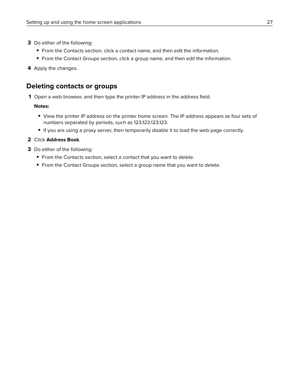 Deleting contacts or groups | Lexmark CX622ade Color Laser Printer User Manual | Page 27 / 270