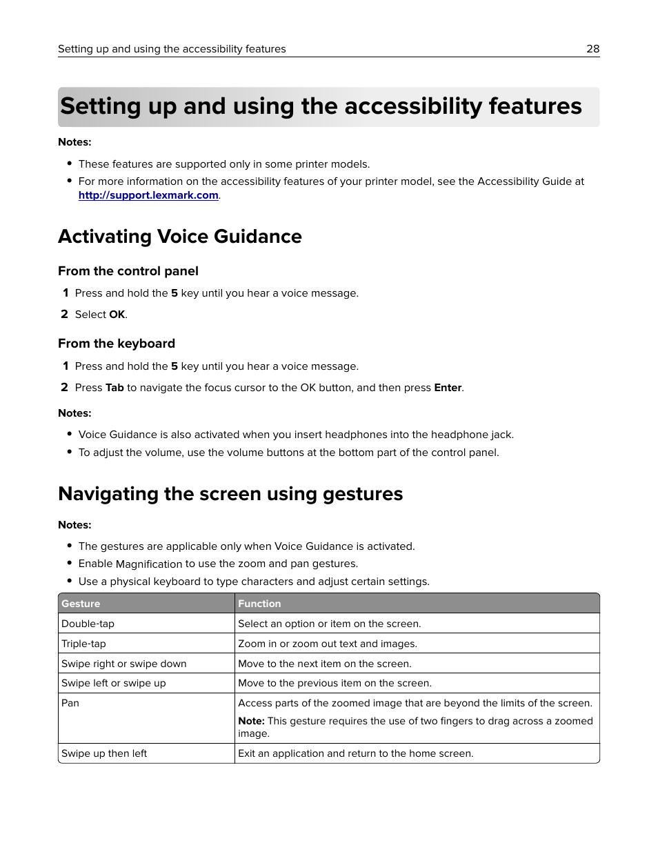 Setting up and using the accessibility features, Activating voice guidance, Navigating the screen using gestures | Lexmark CX622ade Color Laser Printer User Manual | Page 28 / 270