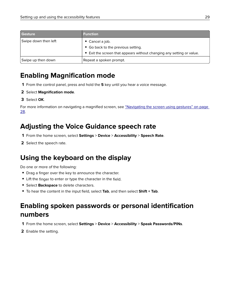 Enabling magnification mode, Adjusting the voice guidance speech rate, Using the keyboard on the display | Enabling magniﬁcation mode | Lexmark CX622ade Color Laser Printer User Manual | Page 29 / 270