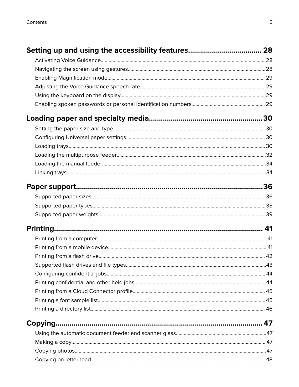 Setting up and using the accessibility features, Loading paper and specialty media, Paper support | Printing, Copying | Lexmark CX622ade Color Laser Printer User Manual | Page 3 / 270