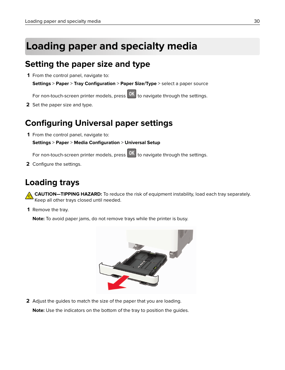 Loading paper and specialty media, Setting the paper size and type, Configuring universal paper settings | Loading trays, Conﬁguring universal paper settings | Lexmark CX622ade Color Laser Printer User Manual | Page 30 / 270