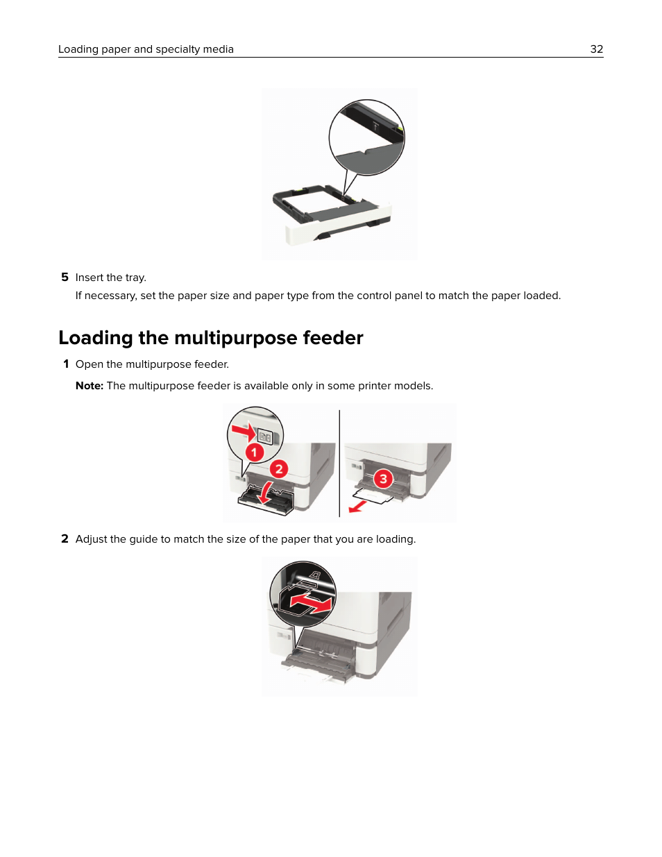 Loading the multipurpose feeder | Lexmark CX622ade Color Laser Printer User Manual | Page 32 / 270