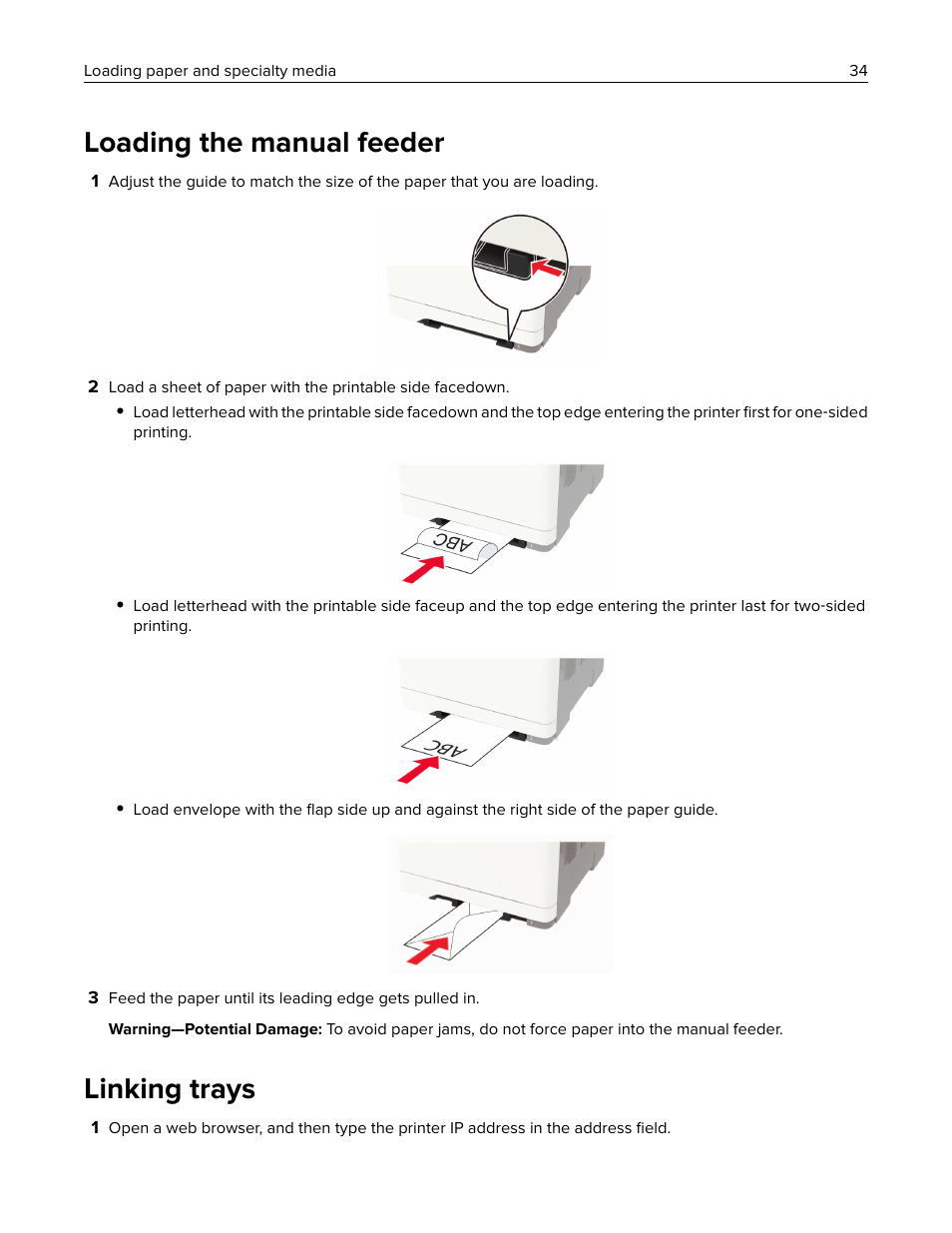 Loading the manual feeder, Linking trays | Lexmark CX622ade Color Laser Printer User Manual | Page 34 / 270