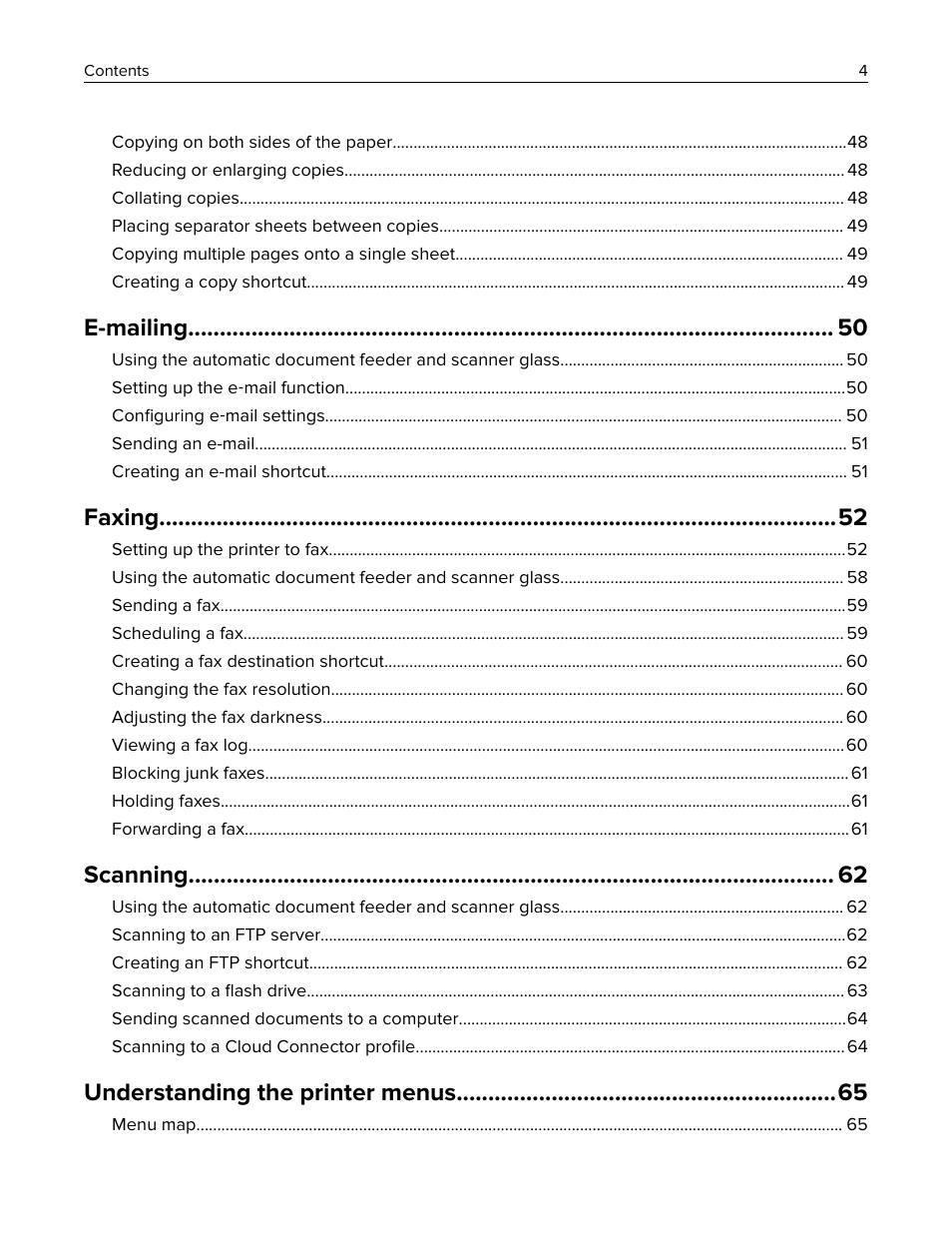 E-mailing, Faxing, Scanning | Understanding the printer menus | Lexmark CX622ade Color Laser Printer User Manual | Page 4 / 270