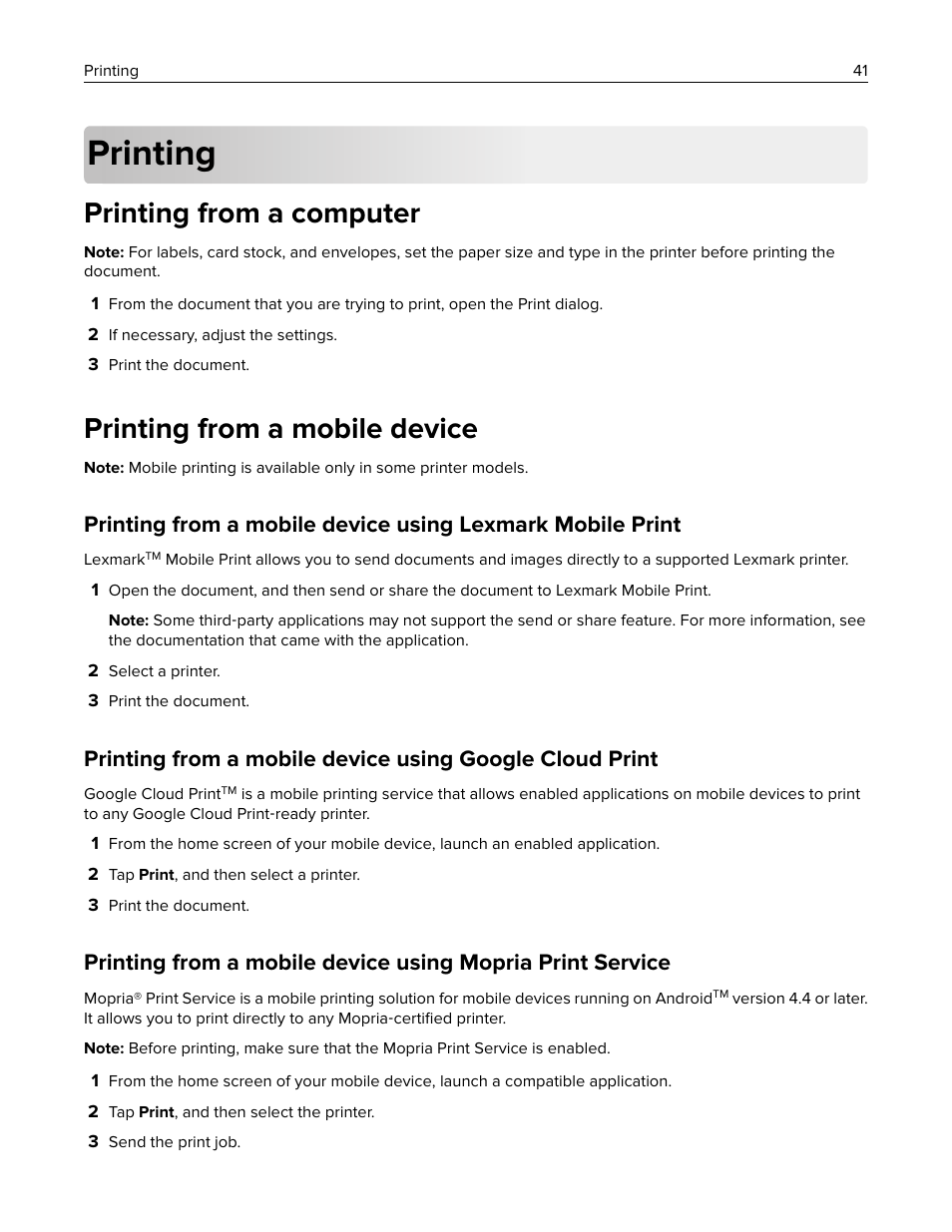 Printing, Printing from a computer, Printing from a mobile device | Lexmark CX622ade Color Laser Printer User Manual | Page 41 / 270
