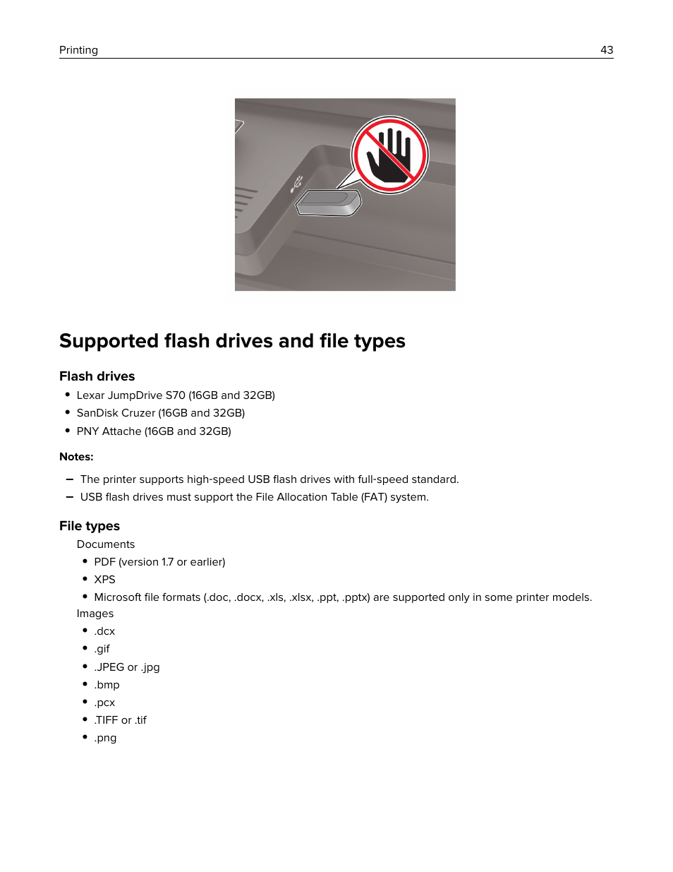 Supported flash drives and file types, Supported ﬂash drives and ﬁle types | Lexmark CX622ade Color Laser Printer User Manual | Page 43 / 270