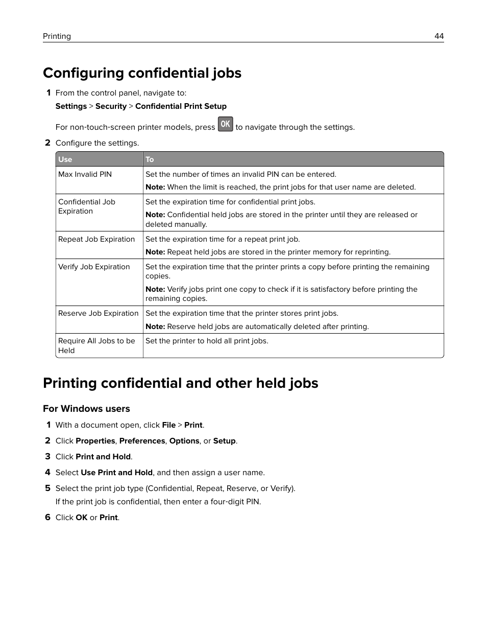 Configuring confidential jobs, Printing confidential and other held jobs, Conﬁguring conﬁdential jobs | Printing conﬁdential and other held jobs | Lexmark CX622ade Color Laser Printer User Manual | Page 44 / 270