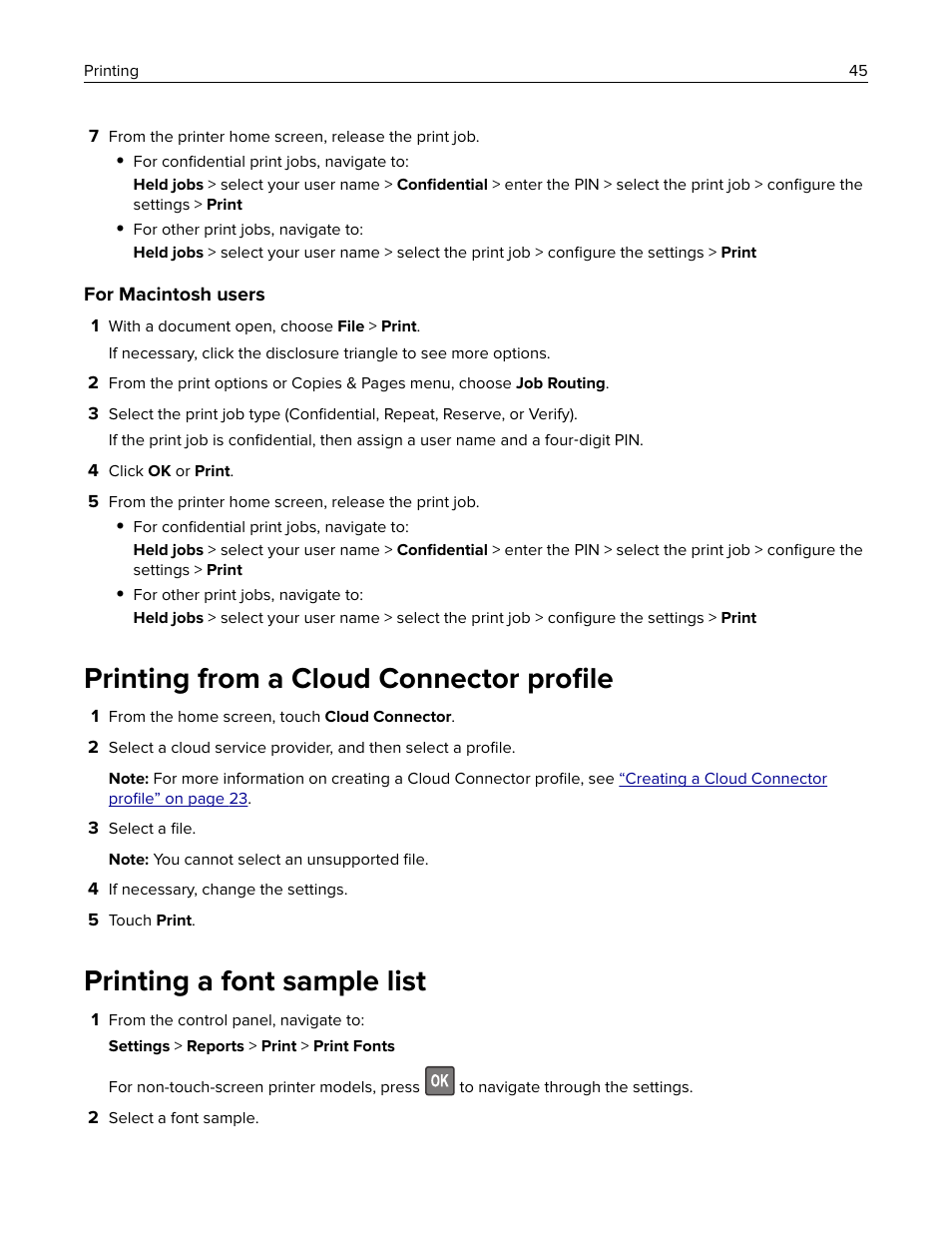 Printing from a cloud connector profile, Printing a font sample list, Printing from a cloud connector proﬁle | Lexmark CX622ade Color Laser Printer User Manual | Page 45 / 270