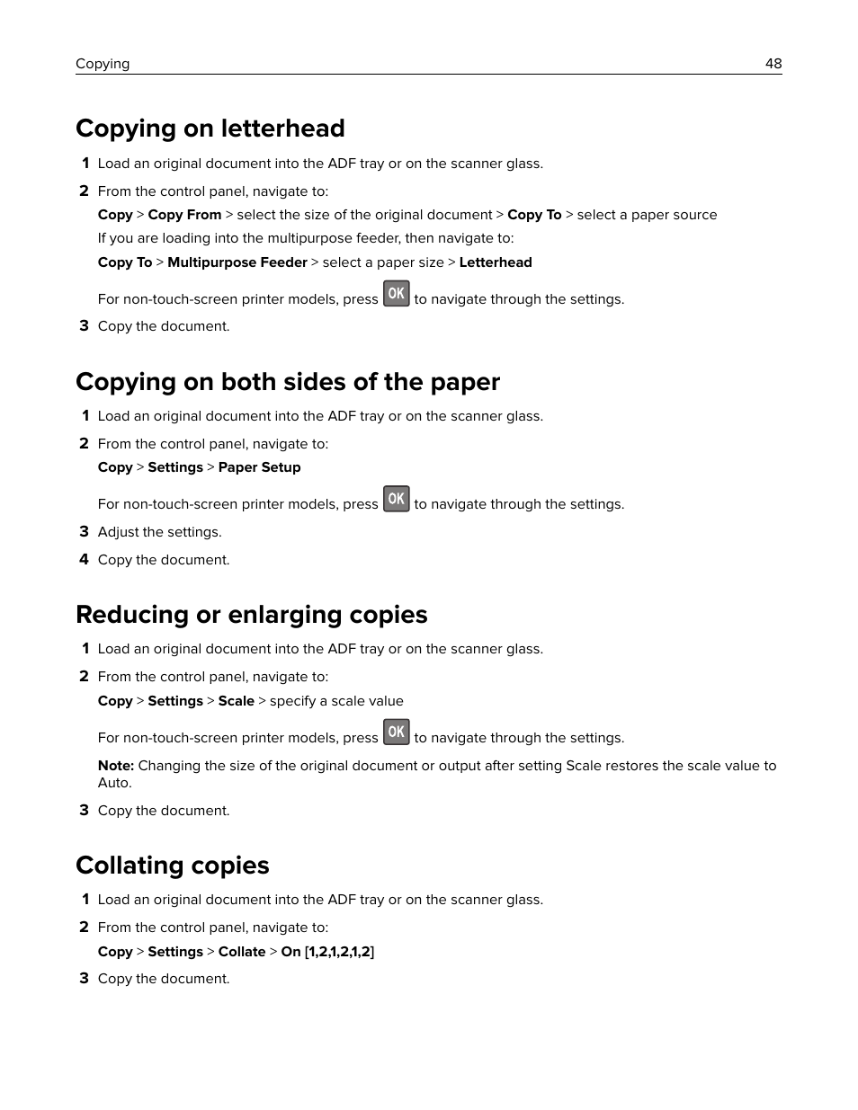 Copying on letterhead, Copying on both sides of the paper, Reducing or enlarging copies | Collating copies | Lexmark CX622ade Color Laser Printer User Manual | Page 48 / 270