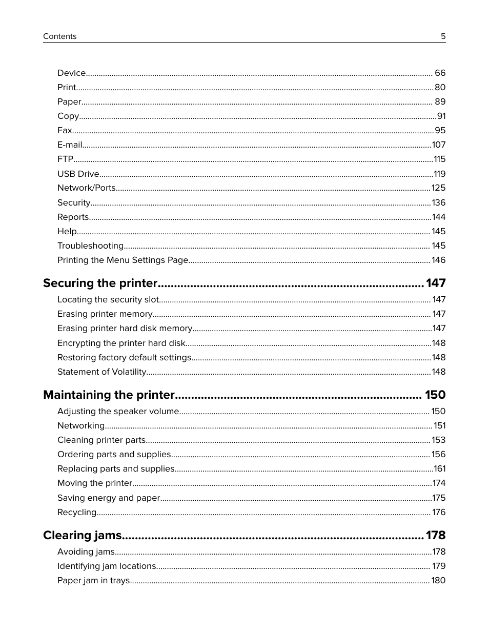 Securing the printer, Maintaining the printer, Clearing jams | Lexmark CX622ade Color Laser Printer User Manual | Page 5 / 270