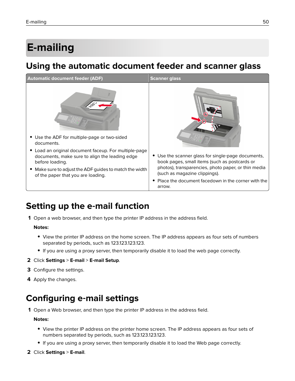 E-mailing, Setting up the e-mail function, Configuring e-mail settings | Setting up the e, Mail function, Conﬁguring e, Mail settings, Setting up the e ‑ mail function, Conﬁguring e ‑ mail settings | Lexmark CX622ade Color Laser Printer User Manual | Page 50 / 270