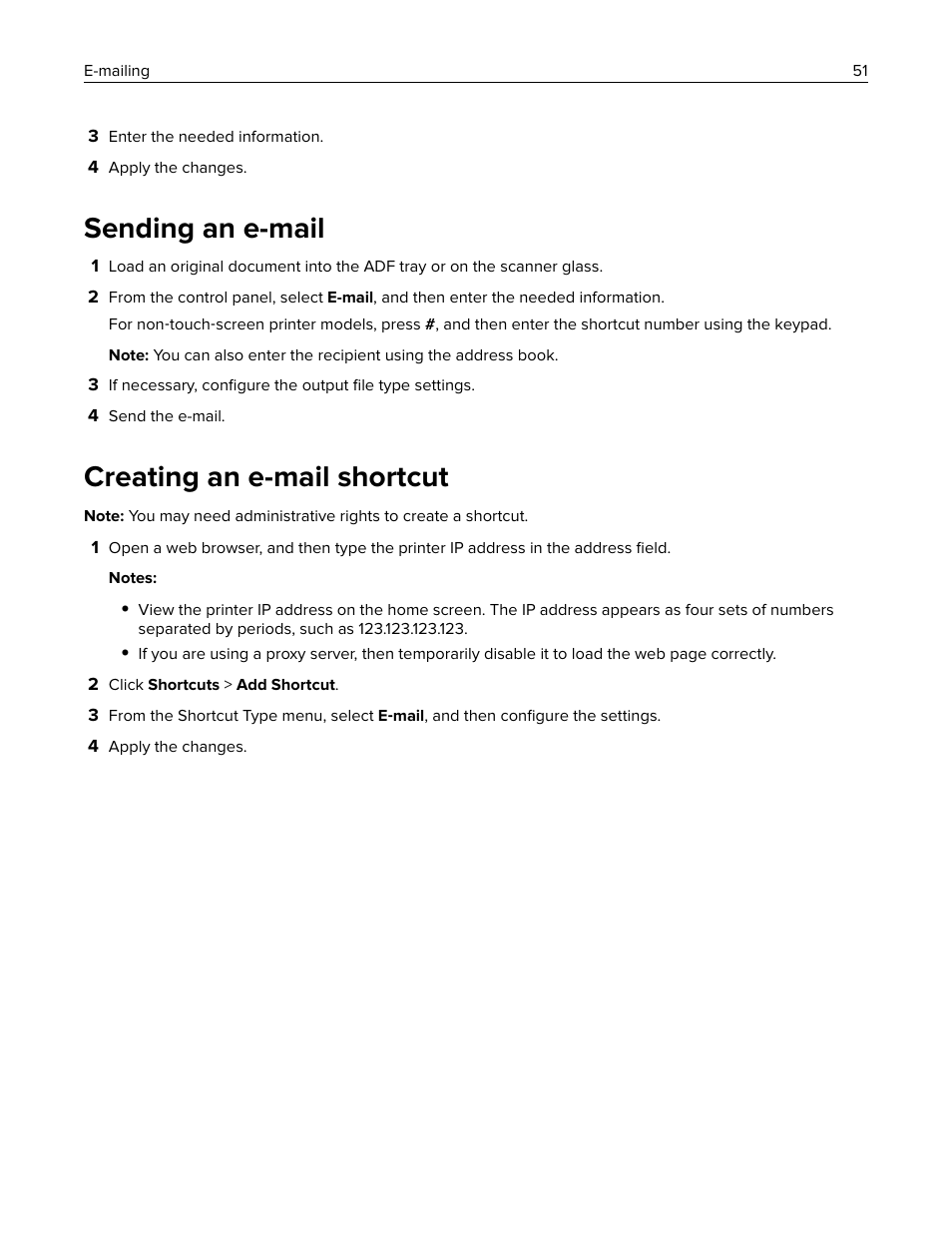 Sending an e-mail, Creating an e-mail shortcut | Lexmark CX622ade Color Laser Printer User Manual | Page 51 / 270