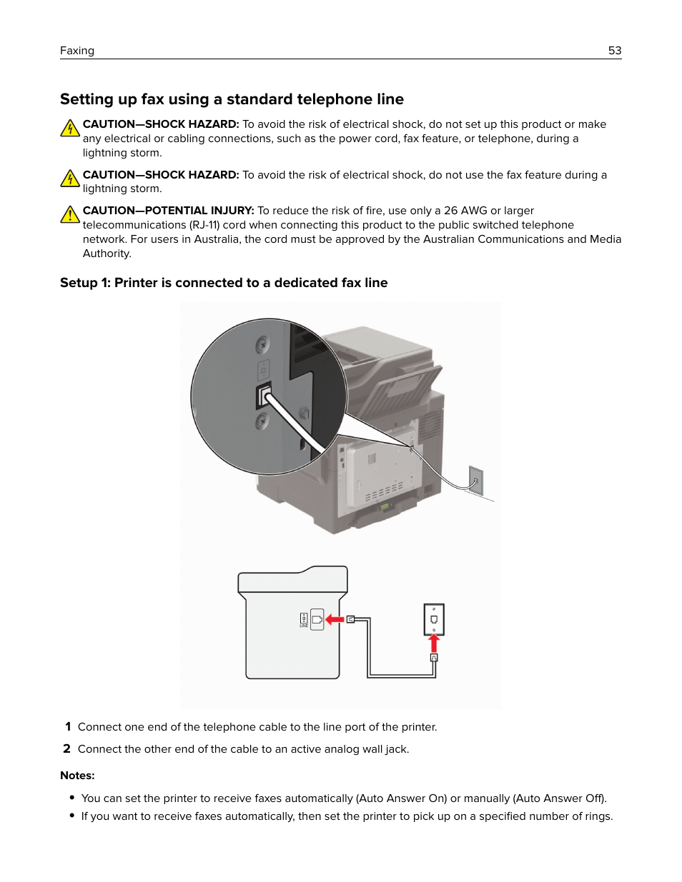 Setting up fax using a standard telephone line | Lexmark CX622ade Color Laser Printer User Manual | Page 53 / 270