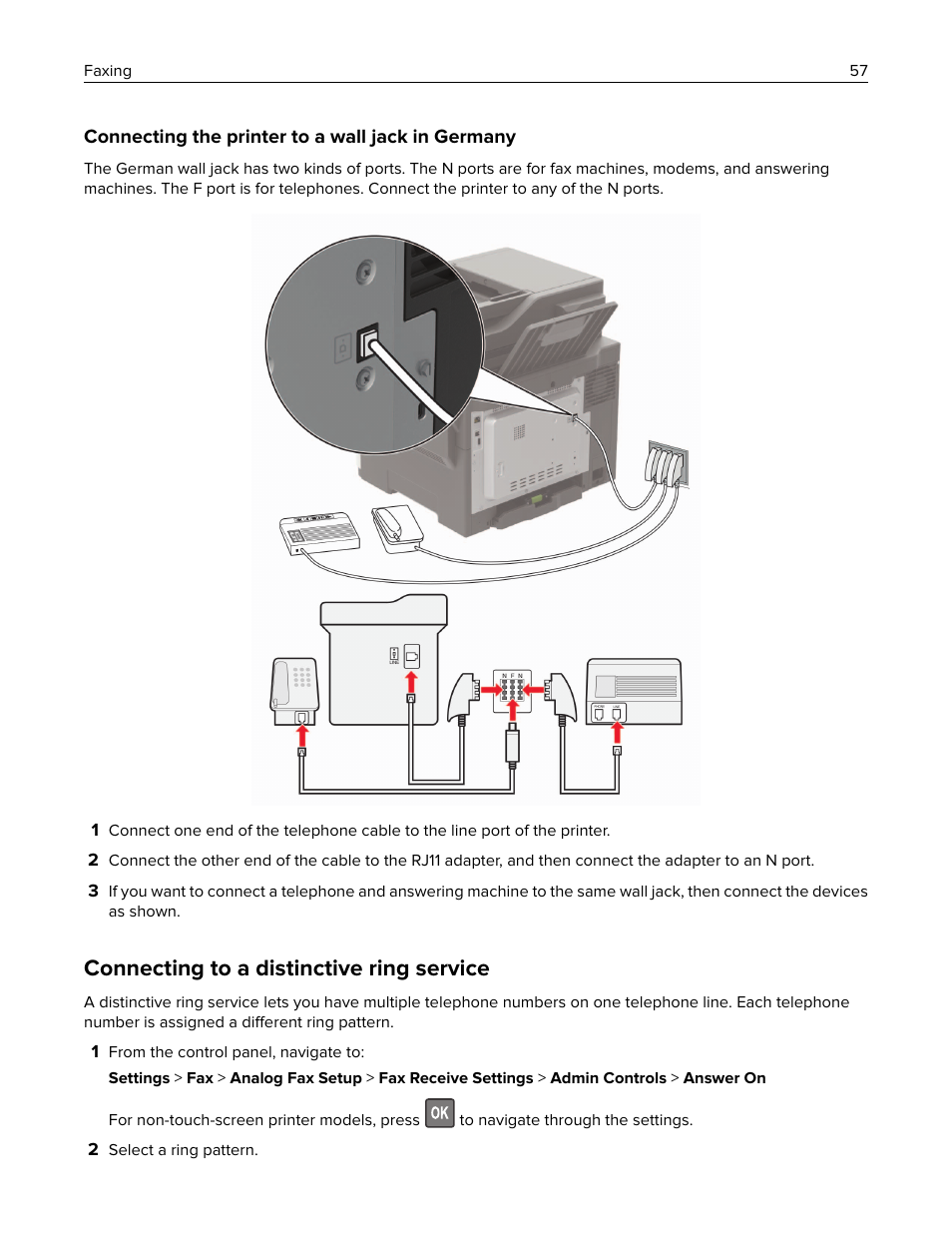 Connecting to a distinctive ring service | Lexmark CX622ade Color Laser Printer User Manual | Page 57 / 270