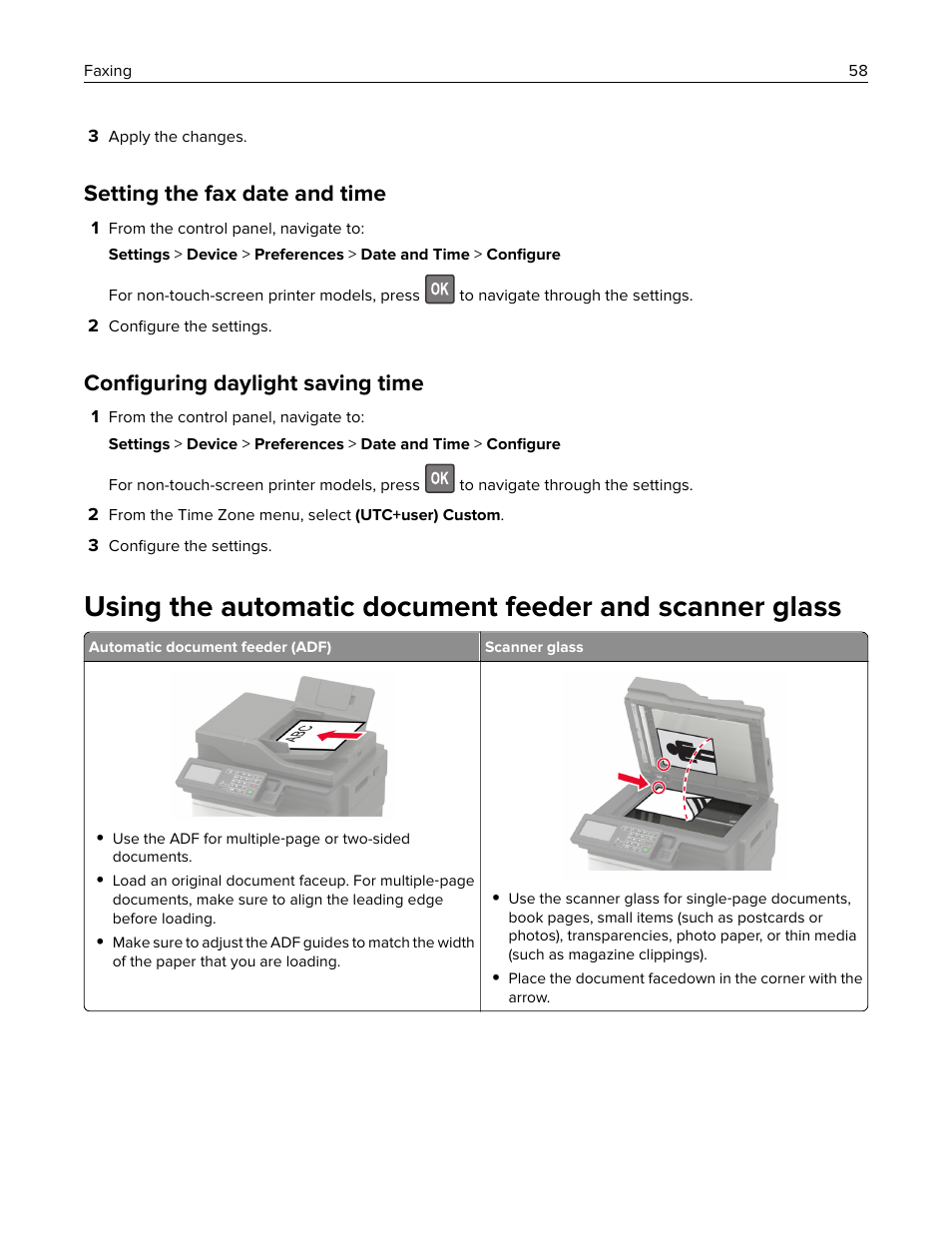 Setting the fax date and time, Configuring daylight saving time, Conﬁguring daylight saving time | Lexmark CX622ade Color Laser Printer User Manual | Page 58 / 270