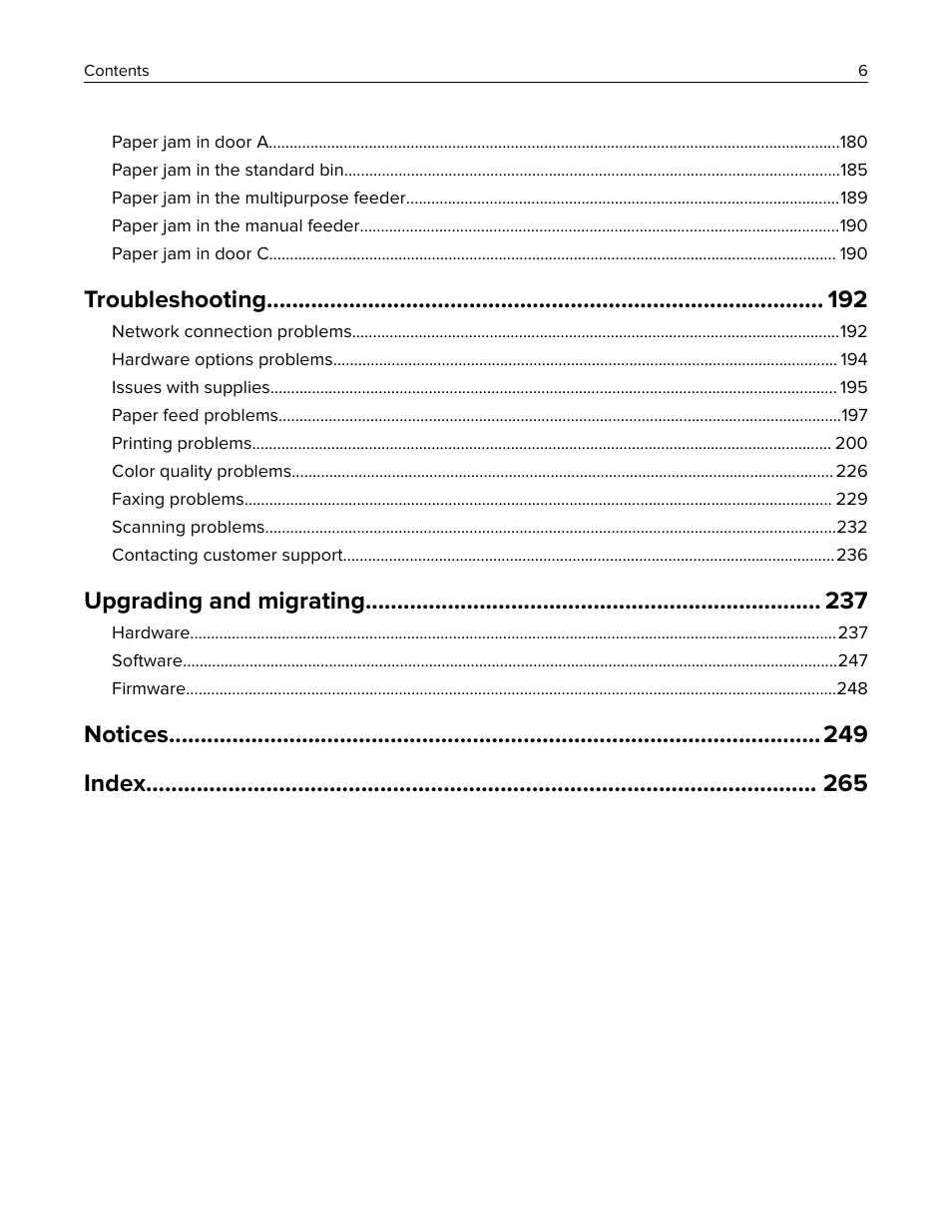 Troubleshooting, Upgrading and migrating, Notices index | Lexmark CX622ade Color Laser Printer User Manual | Page 6 / 270